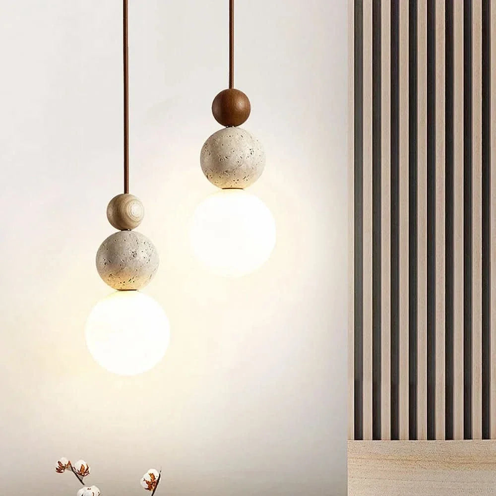 Pendant Light Yellow Travertine & Wood Adjustable Soft LED