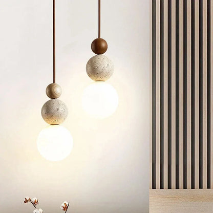 Pendant Light Yellow Travertine & Wood Adjustable Soft LED