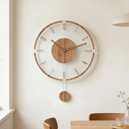 Pendulum Wall Clock Silent Non-Ticking Transparent Wooden Hands