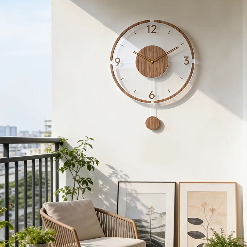 Pendulum Wall Clock Silent Non-Ticking Transparent Wooden Hands