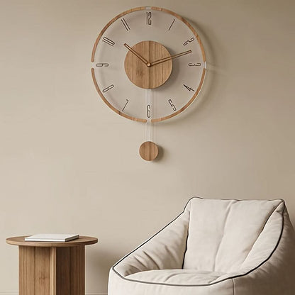 Pendulum Wall Clock Silent Non-Ticking Transparent Wooden Hands
