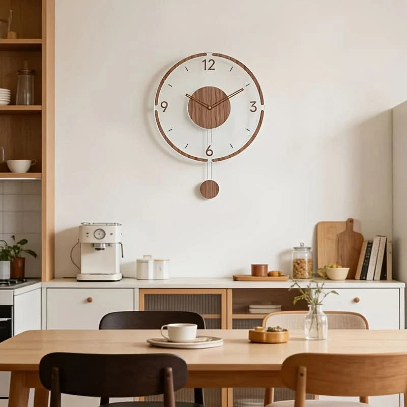Pendulum Wall Clock Silent Non-Ticking Transparent Wooden Hands