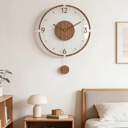Pendulum Wall Clock Silent Non-Ticking Transparent Wooden Hands