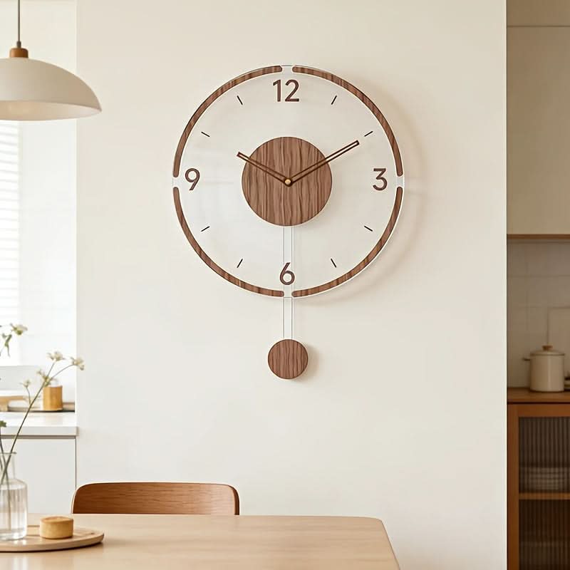 Pendulum Wall Clock Silent Non-Ticking Transparent Wooden Hands