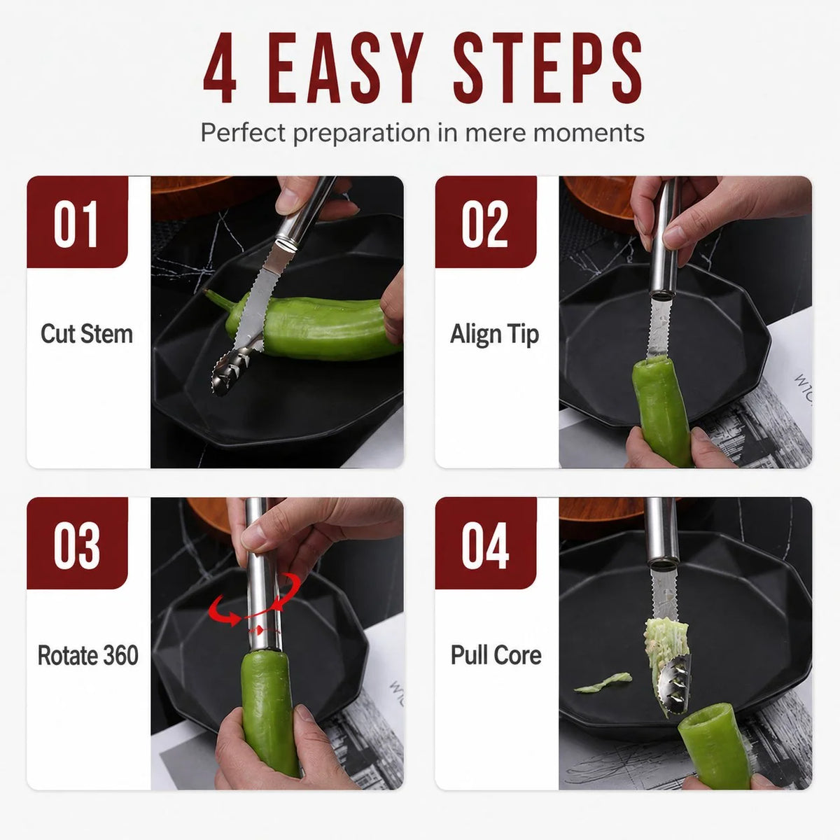 Pepper Corer Stainless Steel Serrated Blade One-Piece Design