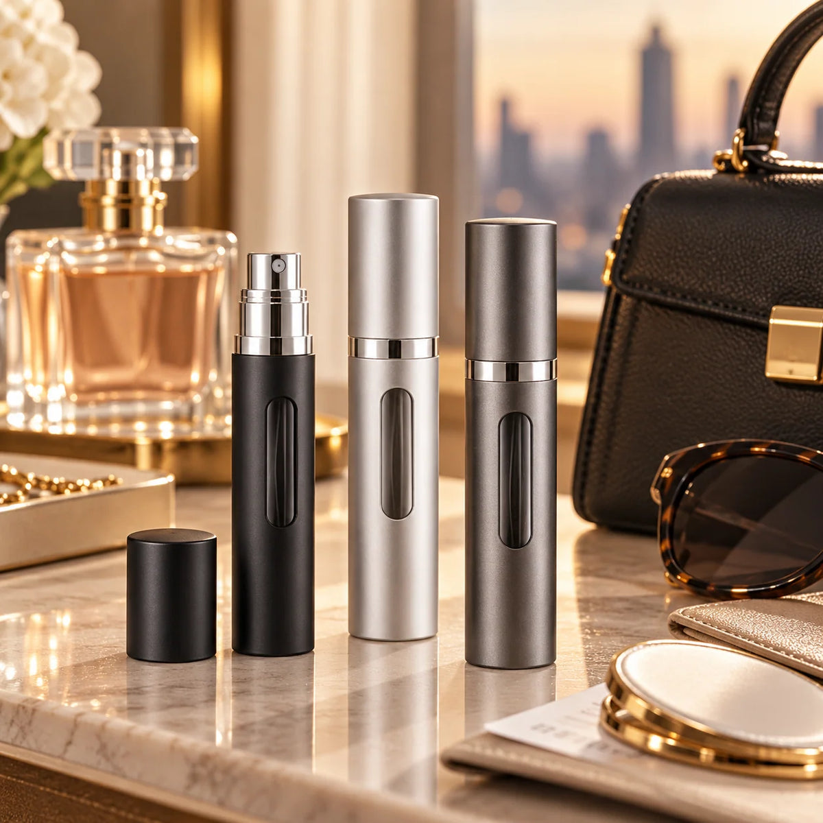 Perfume Atomizer Refillable Glass Travel Size Leak-Resistant Cap