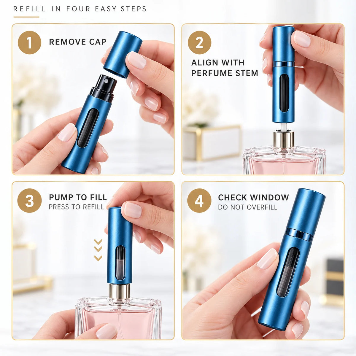 Perfume Atomizer Refillable Glass Travel Size Leak-Resistant Cap