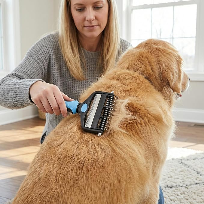Pet Dematting Brush Double-Sided Steel Pins & Non-Slip Handle
