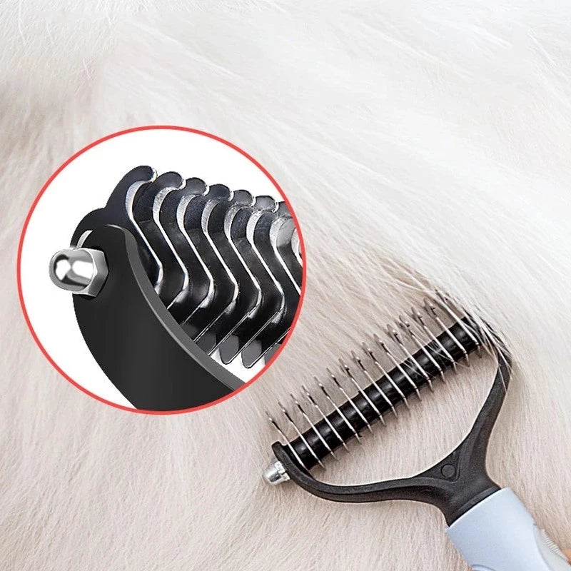 Pet Dematting Brush Double-Sided Steel Pins & Non-Slip Handle