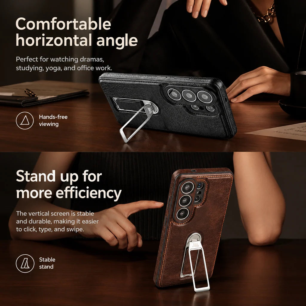 Phone Case Genuine Leather Adjustable Stand Magnetic Wireless Charging-Compatible