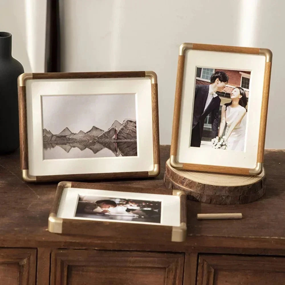 Photo Frame Solid Wood Brass Corners Freestanding