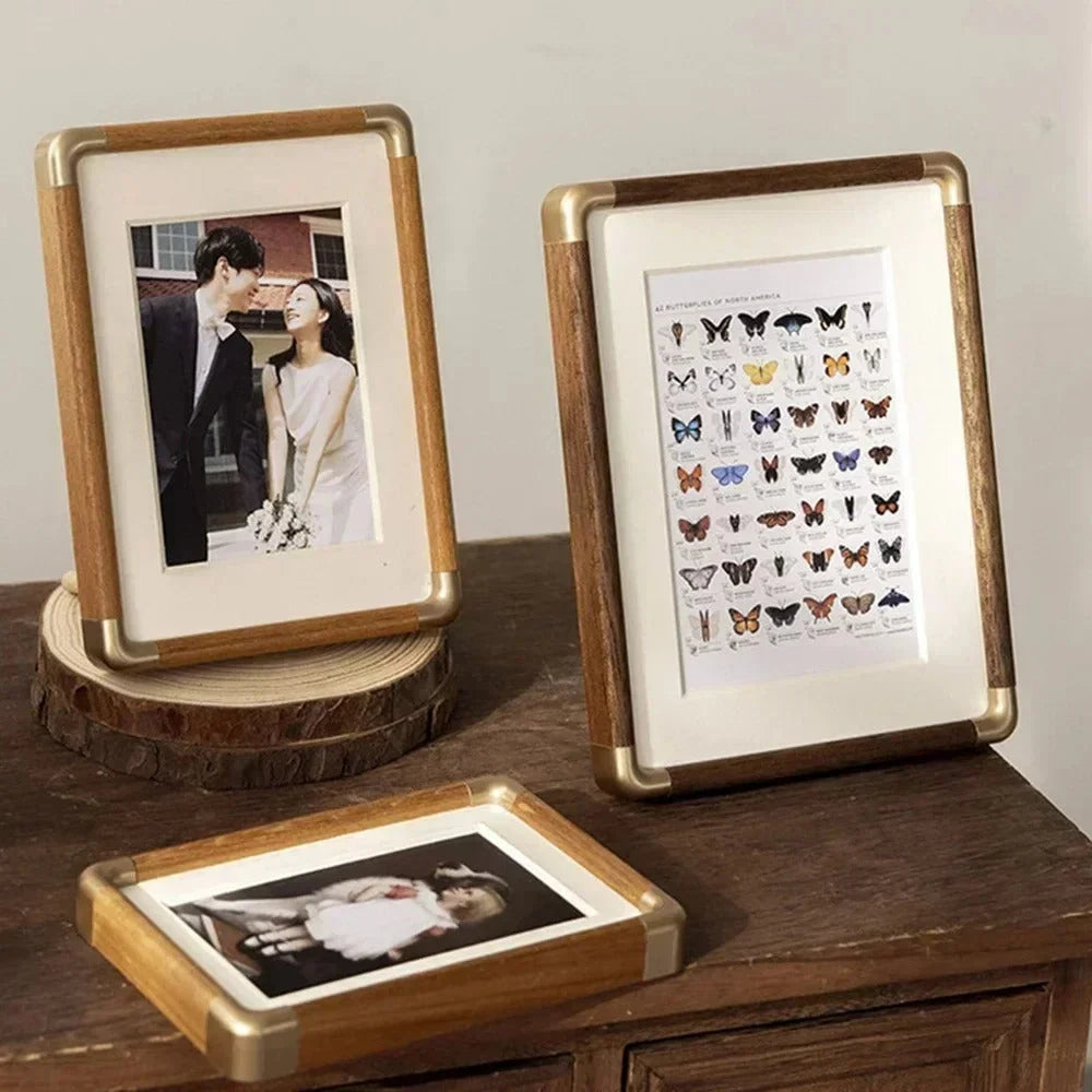 Photo Frame Solid Wood Brass Corners Freestanding