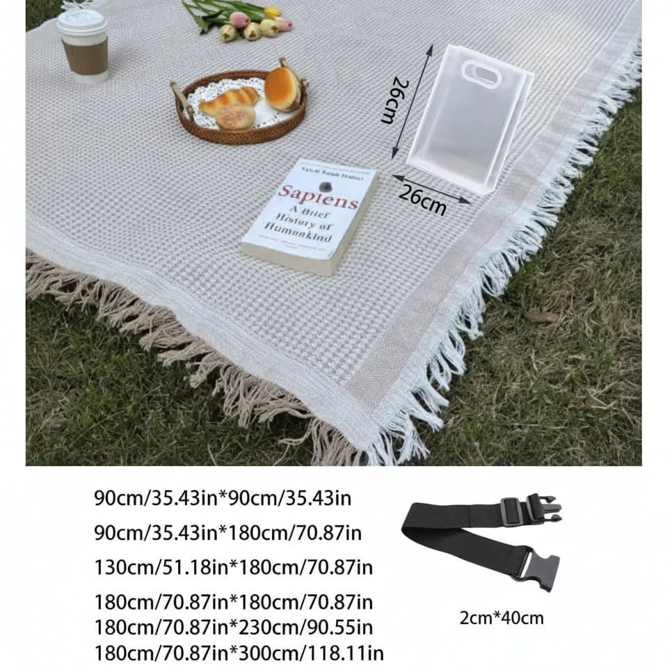 Picnic Blanket Woven Plaid Lightweight Foldable with Tassel Trim