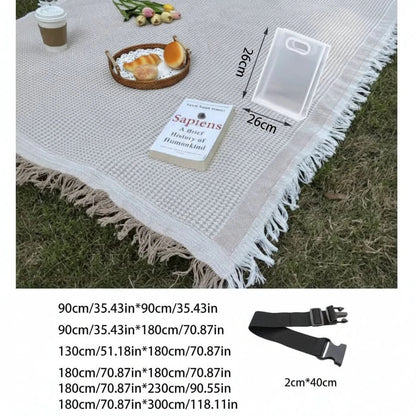 Picnic Blanket Woven Plaid Lightweight Foldable with Tassel Trim