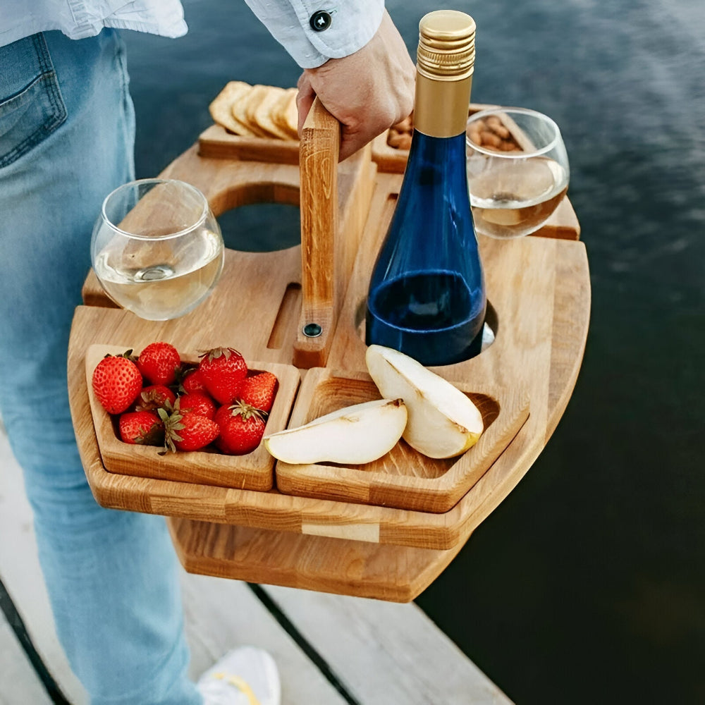 Picnic Table Foldable Wood Wine & Snack Holders