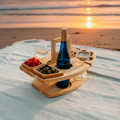 Picnic Table Natural Wood Divided Compartments for Wine & Snacks