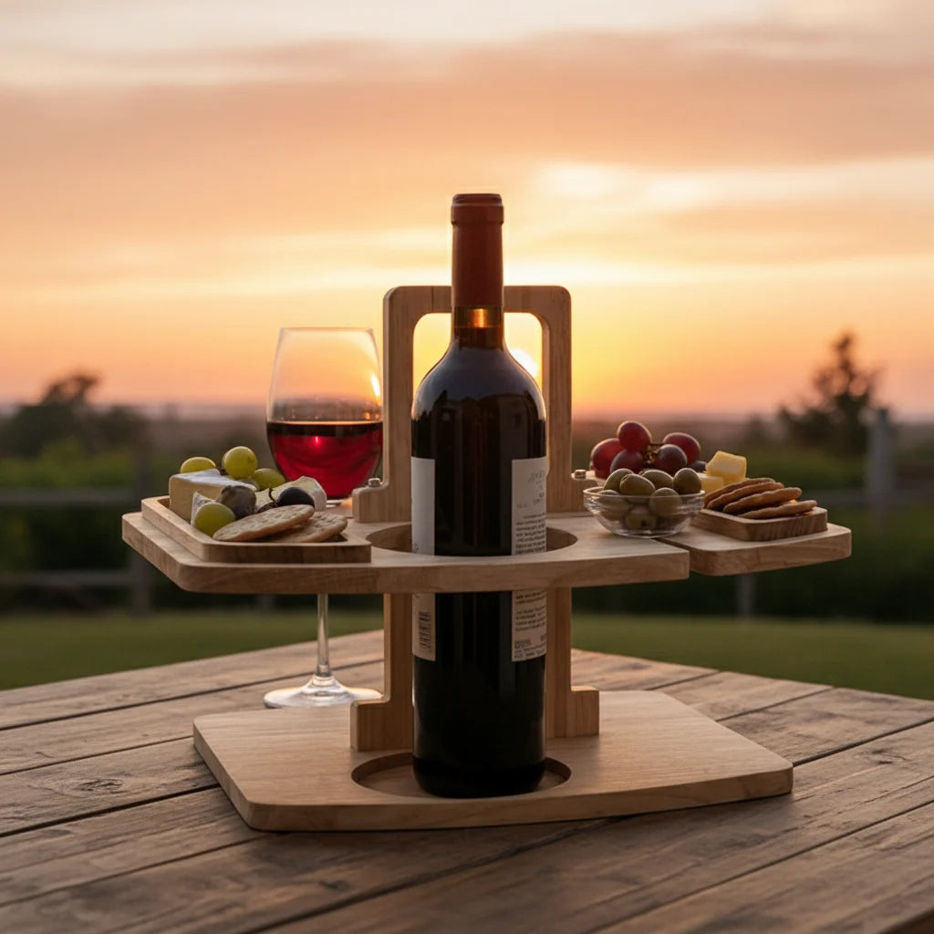 Picnic Table Natural Wood Divided Compartments for Wine & Snacks