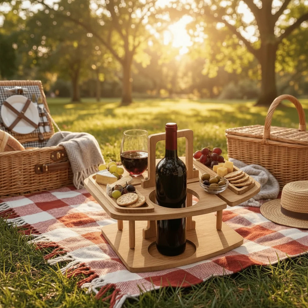 Picnic Table Natural Wood Divided Compartments for Wine & Snacks
