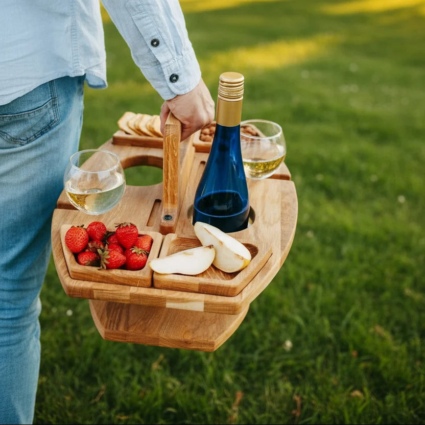Picnic Table Natural Wood Divided Compartments for Wine & Snacks