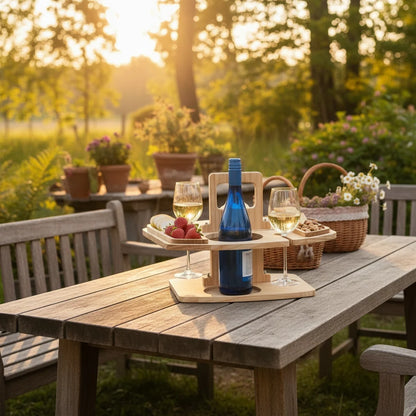 Picnic Table Natural Wood Divided Compartments for Wine & Snacks