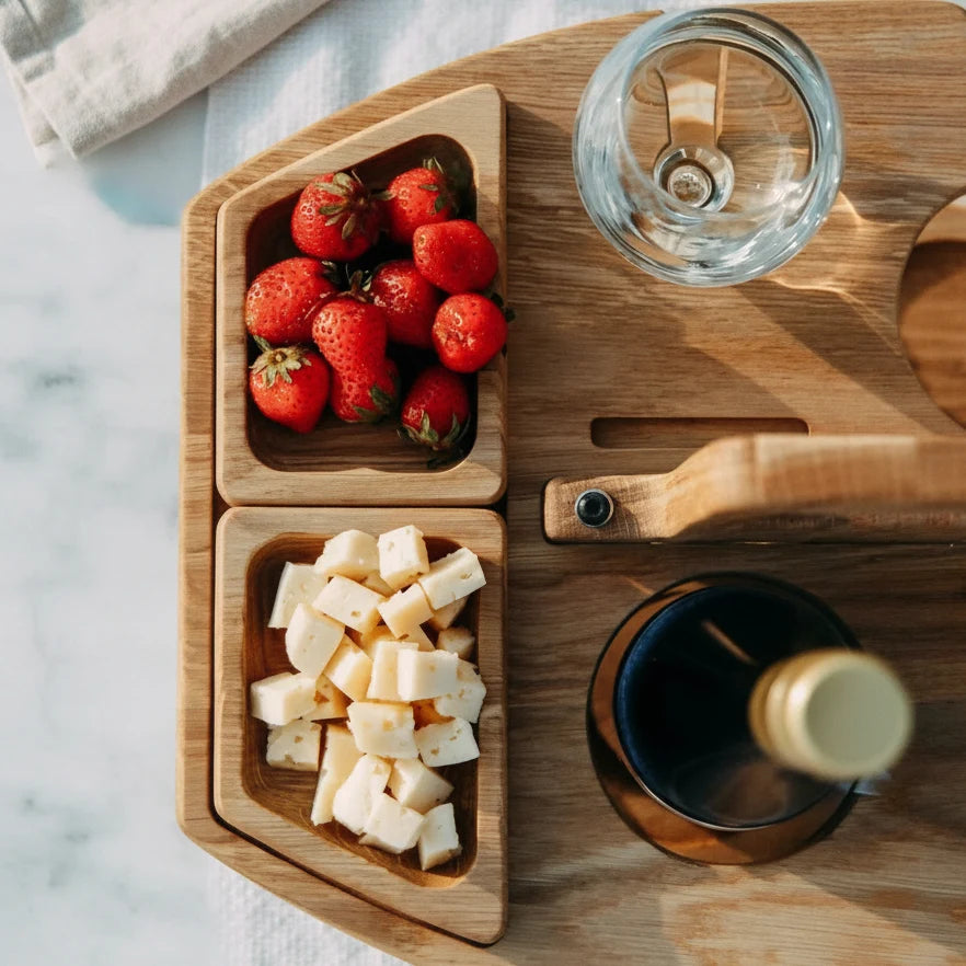 Picnic Table Natural Wood Divided Compartments for Wine & Snacks