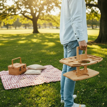 Picnic Table Natural Wood Divided Compartments for Wine & Snacks