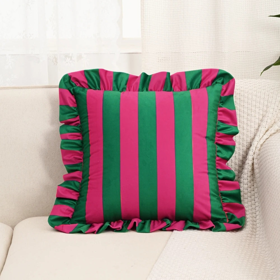 Pillow Cover Microfiber Wide Stripes Ruffled Edge