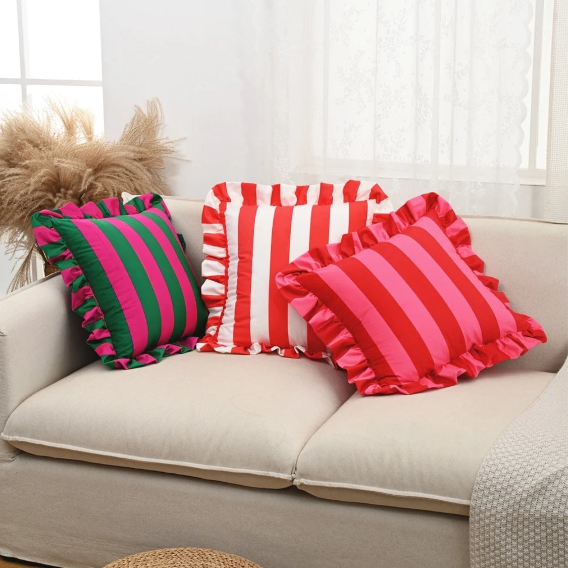 Pillow Cover Microfiber Wide Stripes Ruffled Edge