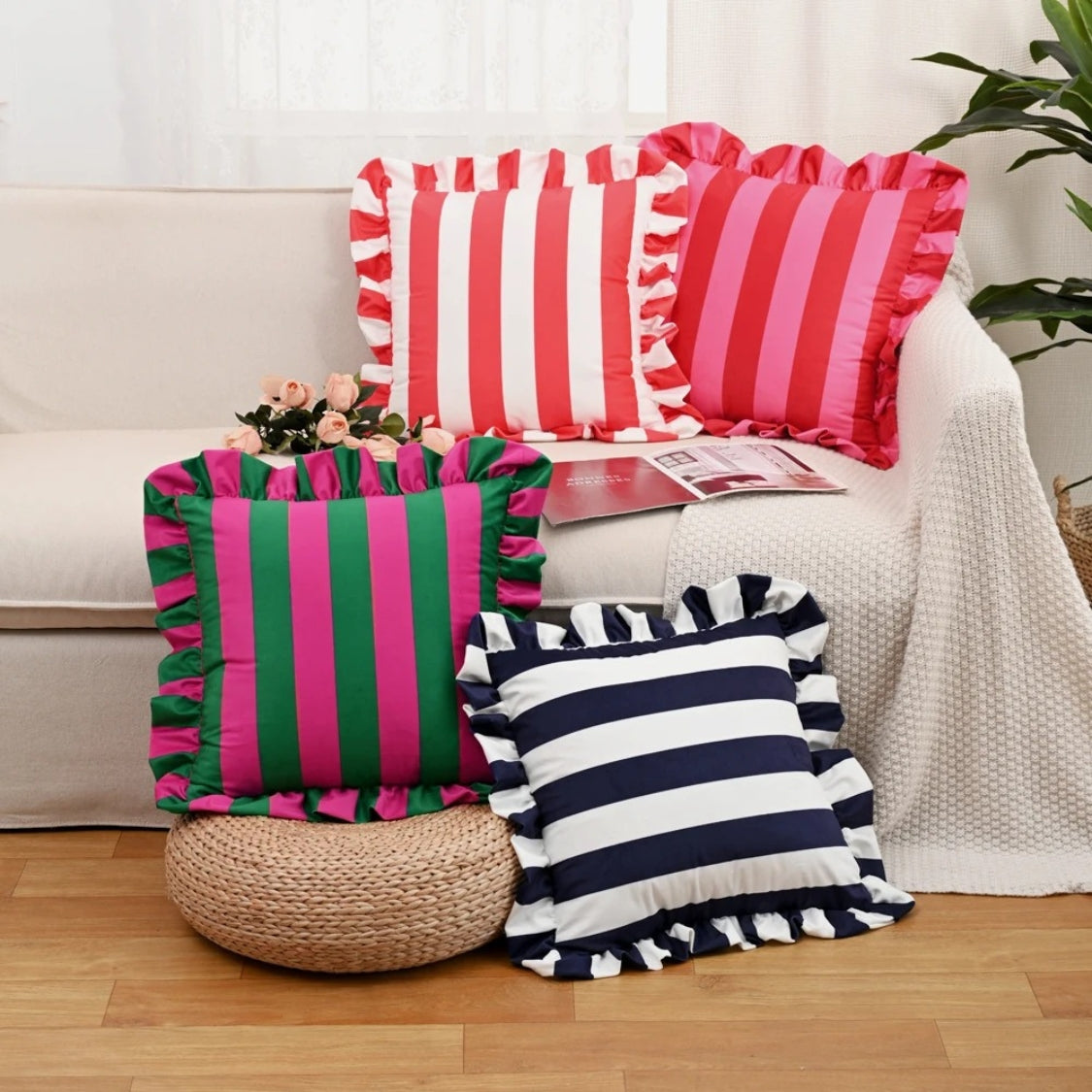 Pillow Cover Microfiber Wide Stripes Ruffled Edge