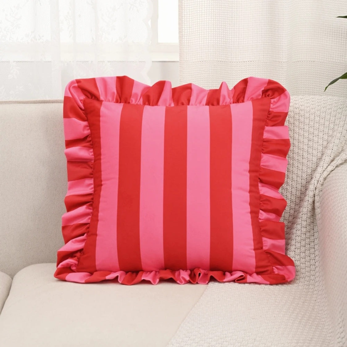 Pillow Cover Microfiber Wide Stripes Ruffled Edge