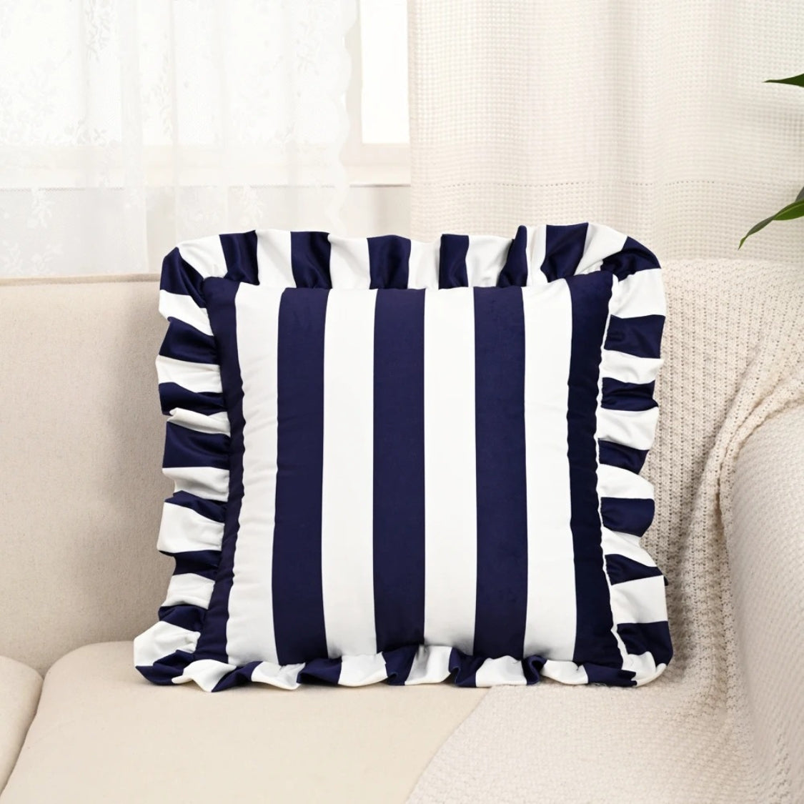 Pillow Cover Microfiber Wide Stripes Ruffled Edge