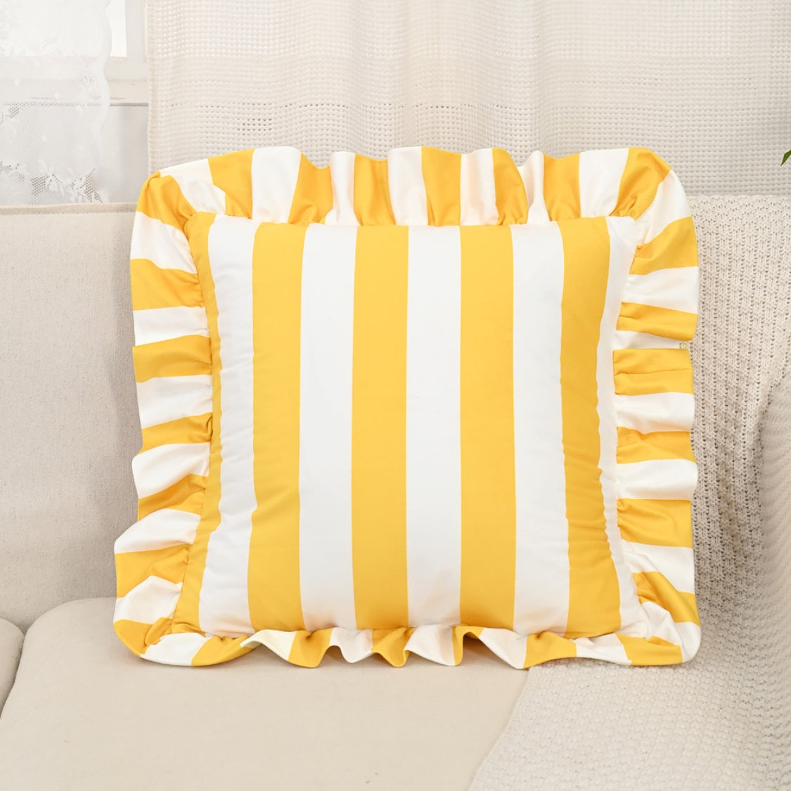 Pillow Cover Microfiber Wide Stripes Ruffled Edge