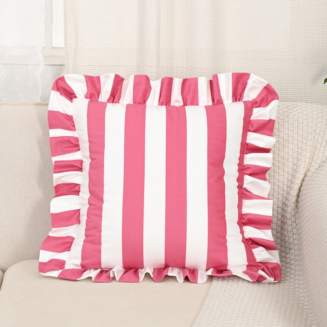 Pillow Cover Microfiber Wide Stripes Ruffled Edge