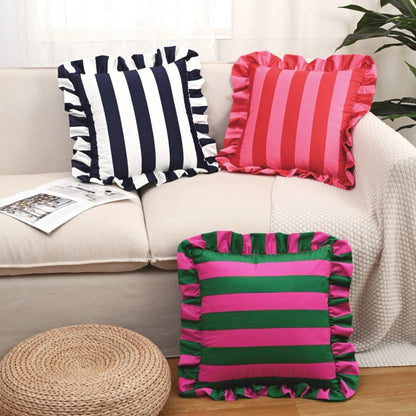 Pillow Cover Microfiber Wide Stripes Ruffled Edge