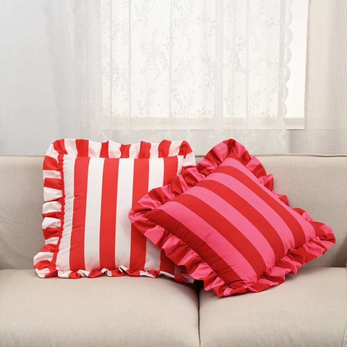 Pillow Cover Microfiber Wide Stripes Ruffled Edge