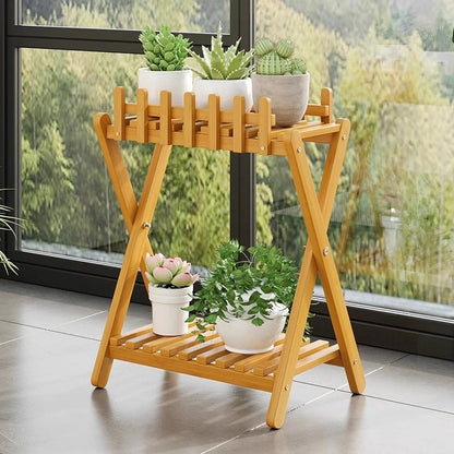 Plant Shelf Two-Tier Bamboo X-Frame & Fence Panel
