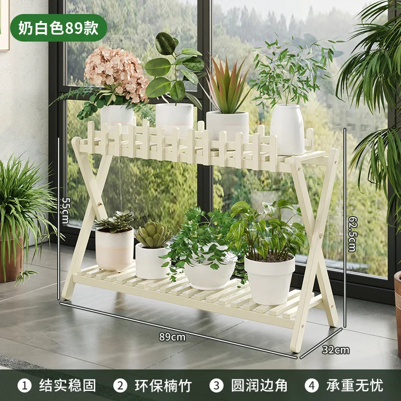 Plant Shelf Two-Tier Bamboo X-Frame & Fence Panel