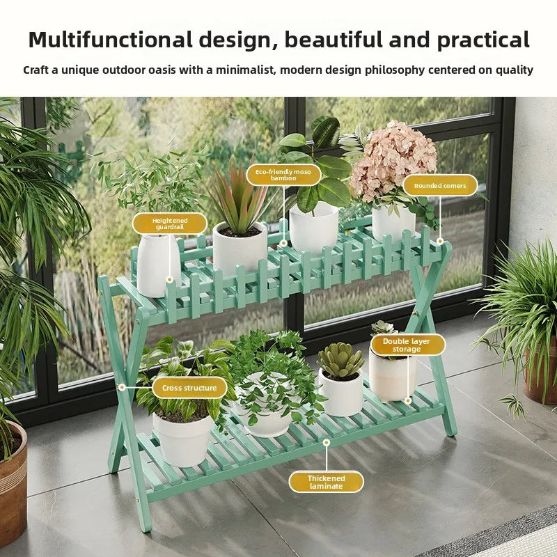 Plant Shelf Two-Tier Bamboo X-Frame & Fence Panel