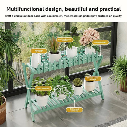 Plant Shelf Two-Tier Bamboo X-Frame & Fence Panel