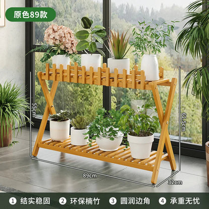 Plant Shelf Two-Tier Bamboo X-Frame & Fence Panel
