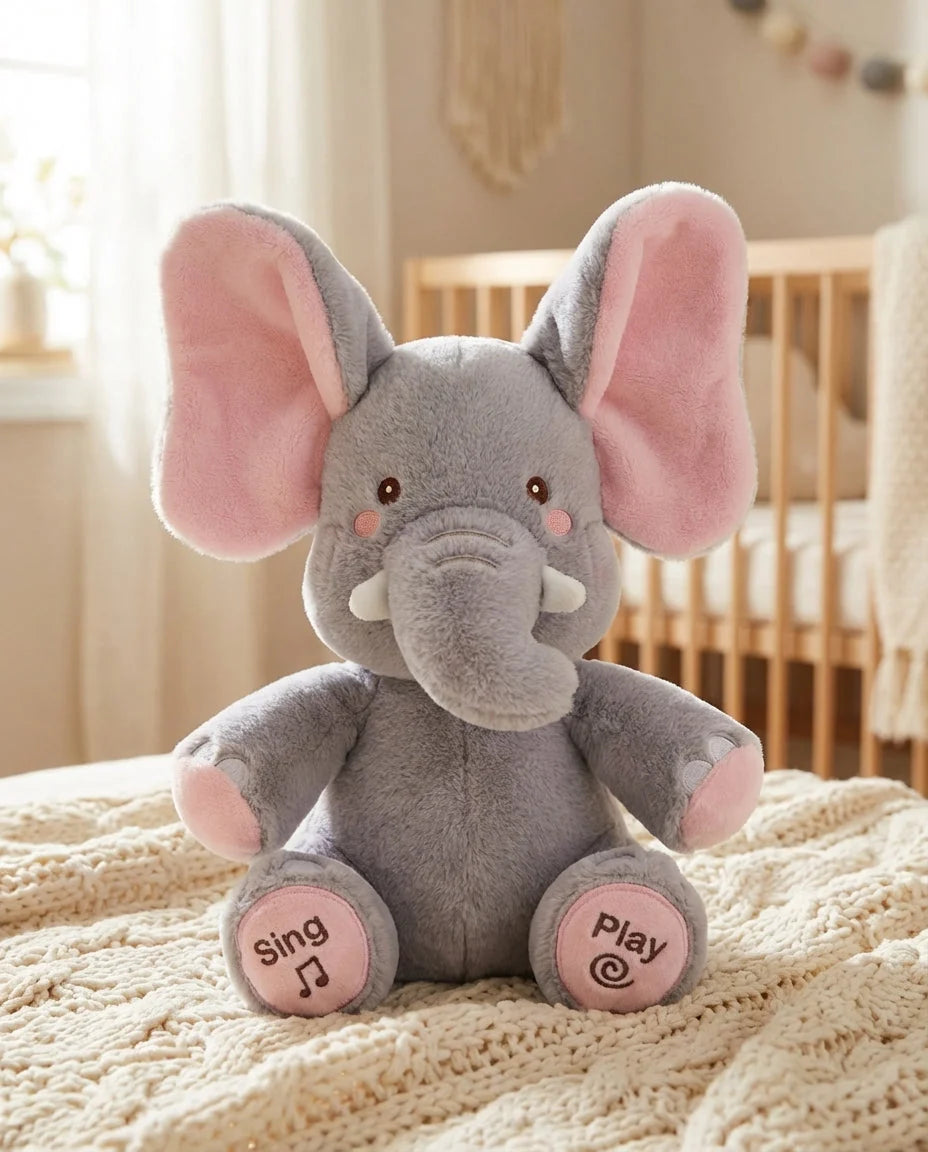 Plush Elephant Toy Peekaboo Moving Ears & Melodies