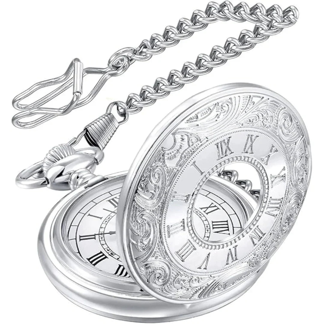 Pocket Watch Quartz Roman Numeral Dial With Chain