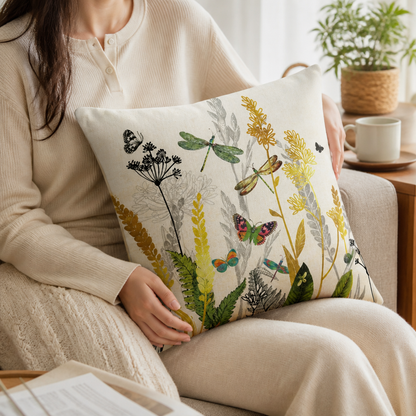 Leaf & Bird Motif Polyester Cushion Cover