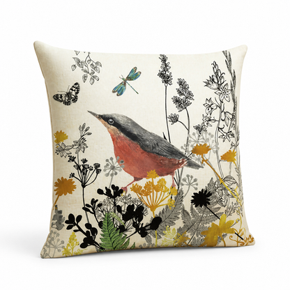 Leaf & Bird Motif Polyester Cushion Cover