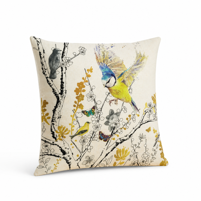 Leaf & Bird Motif Polyester Cushion Cover