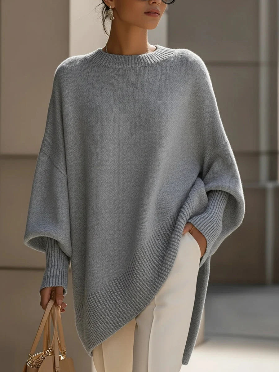 Poncho Sweater Batwing Sleeves Asymmetric Hem Ribbed Cuffs