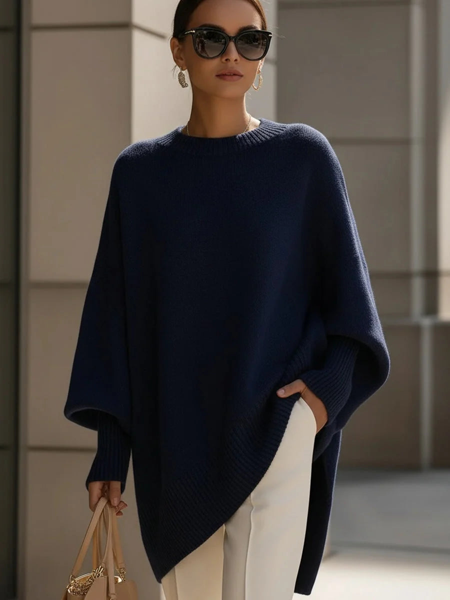 Poncho Sweater Batwing Sleeves Asymmetric Hem Ribbed Cuffs