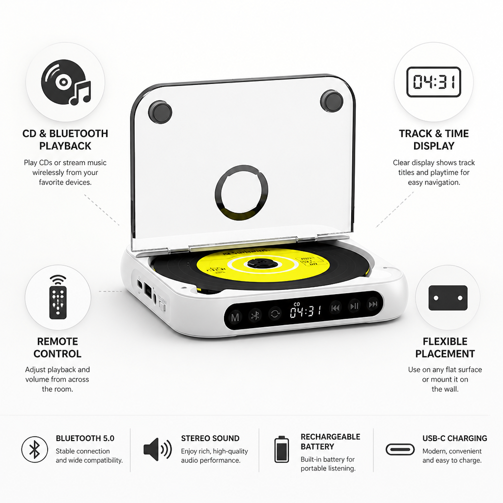 Portable CD Player Bluetooth Streaming Remote & Track Display