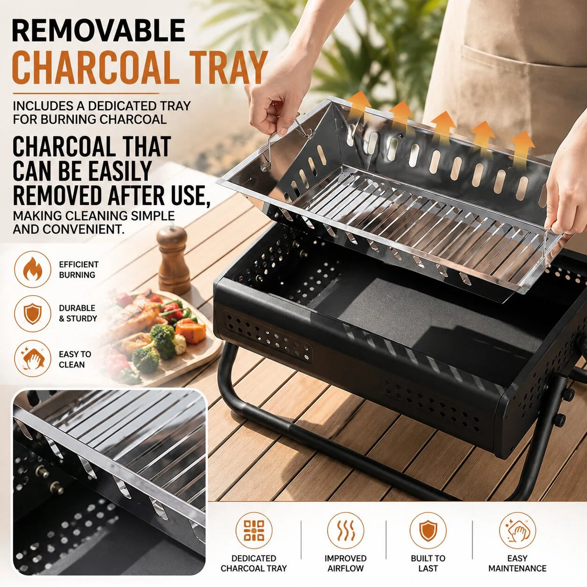 Portable Charcoal Grill Folding Handles & Perforated Sides