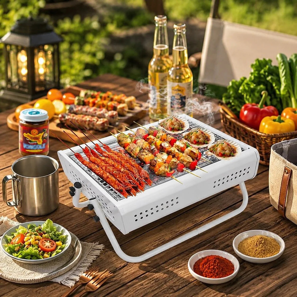 Portable Charcoal Grill Folding Handles & Perforated Sides